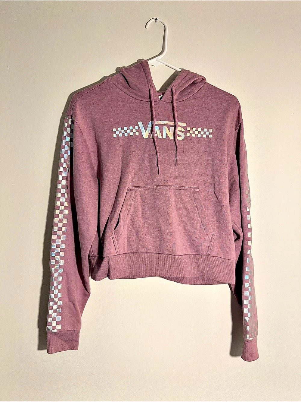 Vans Checkerboard Sleeve Cropped Pullover Hoodie Purple